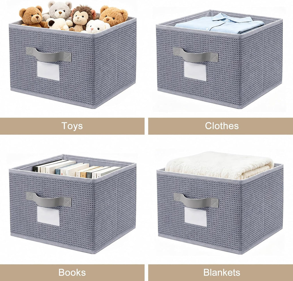 11 inch Woven Fabric Bins, Storage Baskets, Storage Cubes with Reinforced Handles, Organizer Bins for Closet Shelves, Foldable (2, Gray)