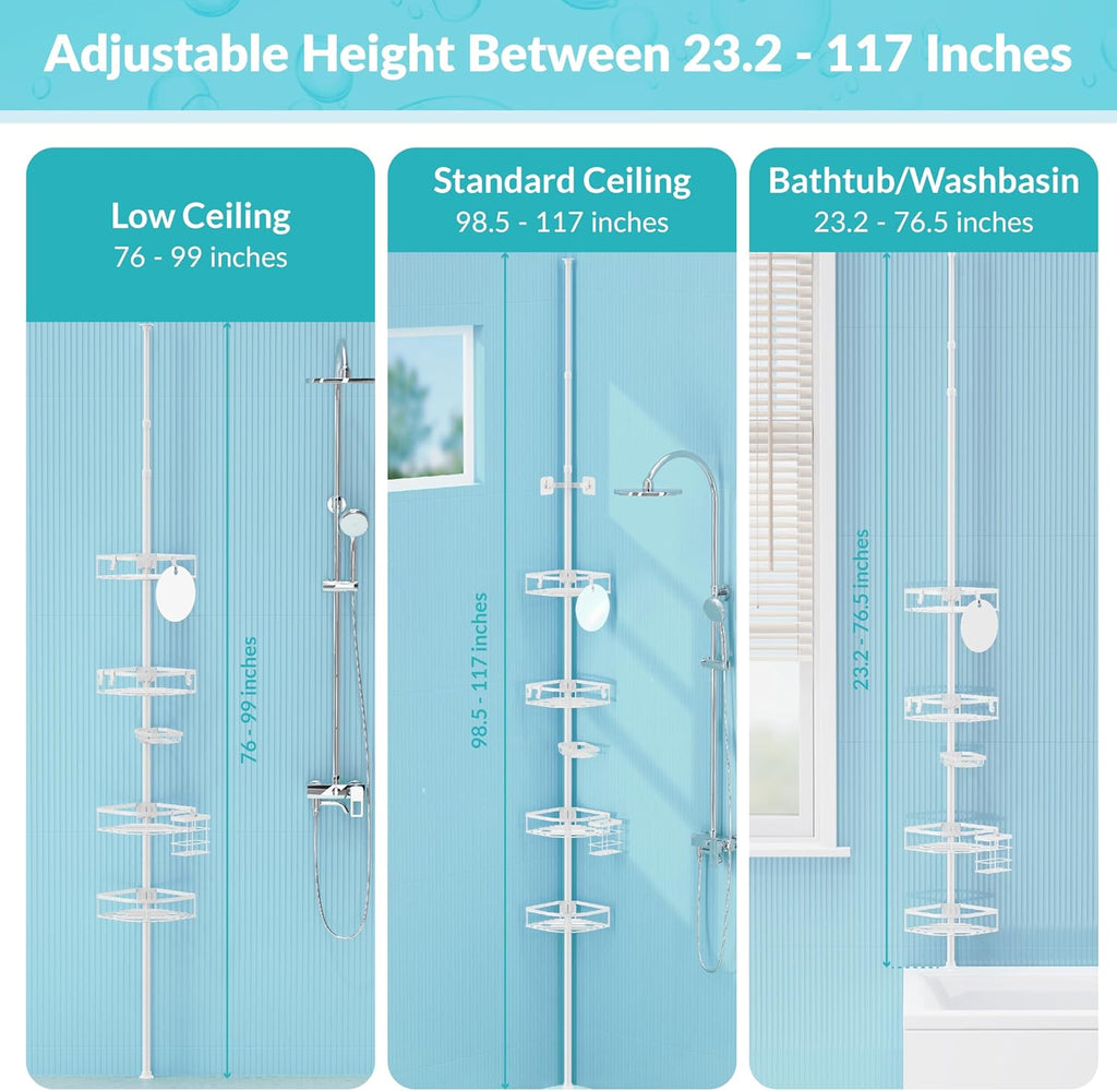 Shower Caddy Tension Pole, 4-Tier Adjustable Corner Shower Standing Caddy, Rustproof Shower Rack for Bathroom Bathtub, with 4 Shelves, No Drilling Shower Shelf for Inside Shower (White)
