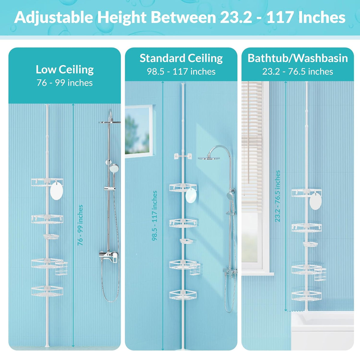 Shower Caddy Tension Pole, 4-Tier Adjustable Corner Shower Standing Caddy, Rustproof Shower Rack for Bathroom Bathtub, with 4 Shelves, No Drilling Shower Shelf for Inside Shower (White)