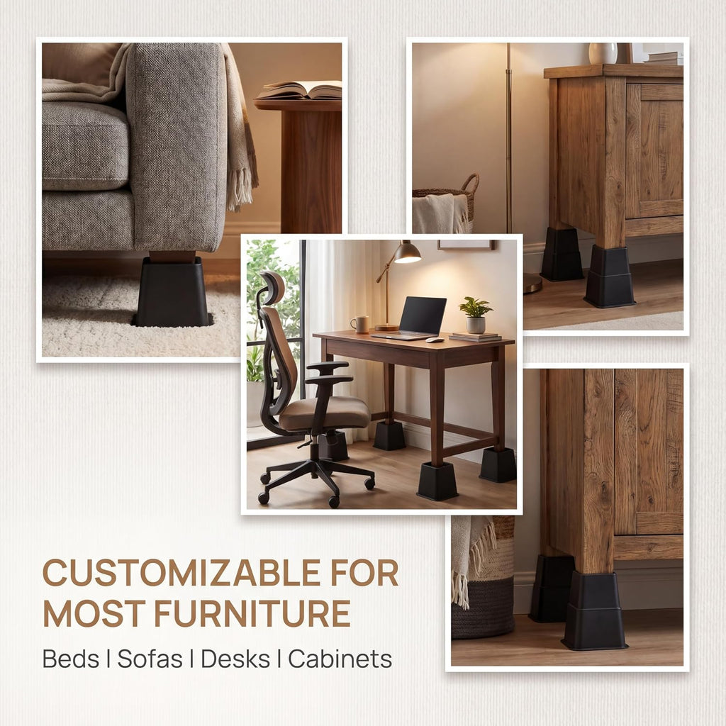 Bed Risers 8-Pack - Stackable Furniture Lifts for 3, 5 or 8 Inch Adjustable Height, 2200 Lbs Capacity Black Square Sofa and Desk Elevators for Under Bed Storage