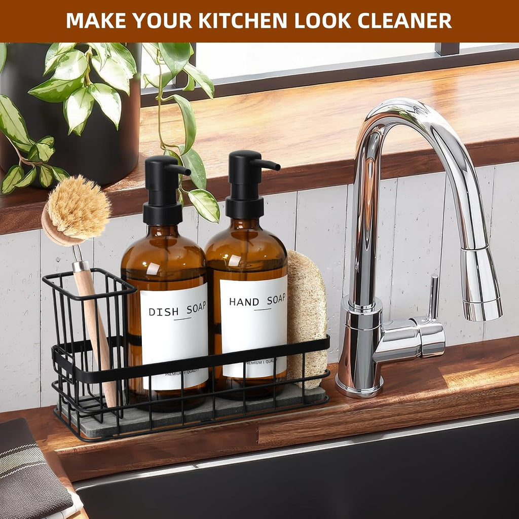 Dish Soap Dispenser for Kitchen, 16.9 fl oz Amber Hand and Dish Soap Dispensers, Kitchen Soap Dispenser Set with Sponge Holder, Brush Holder and Loofah Sponge, Countertop Sink Organizer Accessories