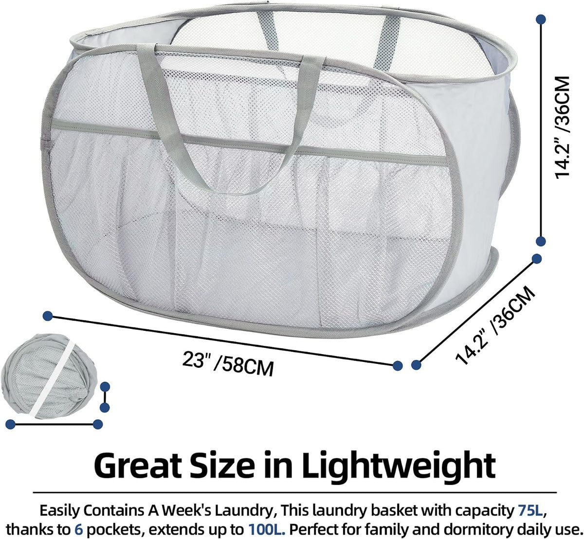 Collapsible Laundry Baskets, Upgrade Pop Up Laundry Hamper with Convenient Bags, Foldable Laundry Basket Mesh Light Weight, Easy to Carry Clothes Hampers for Laundry, Dorm, Toys, Travel Grey