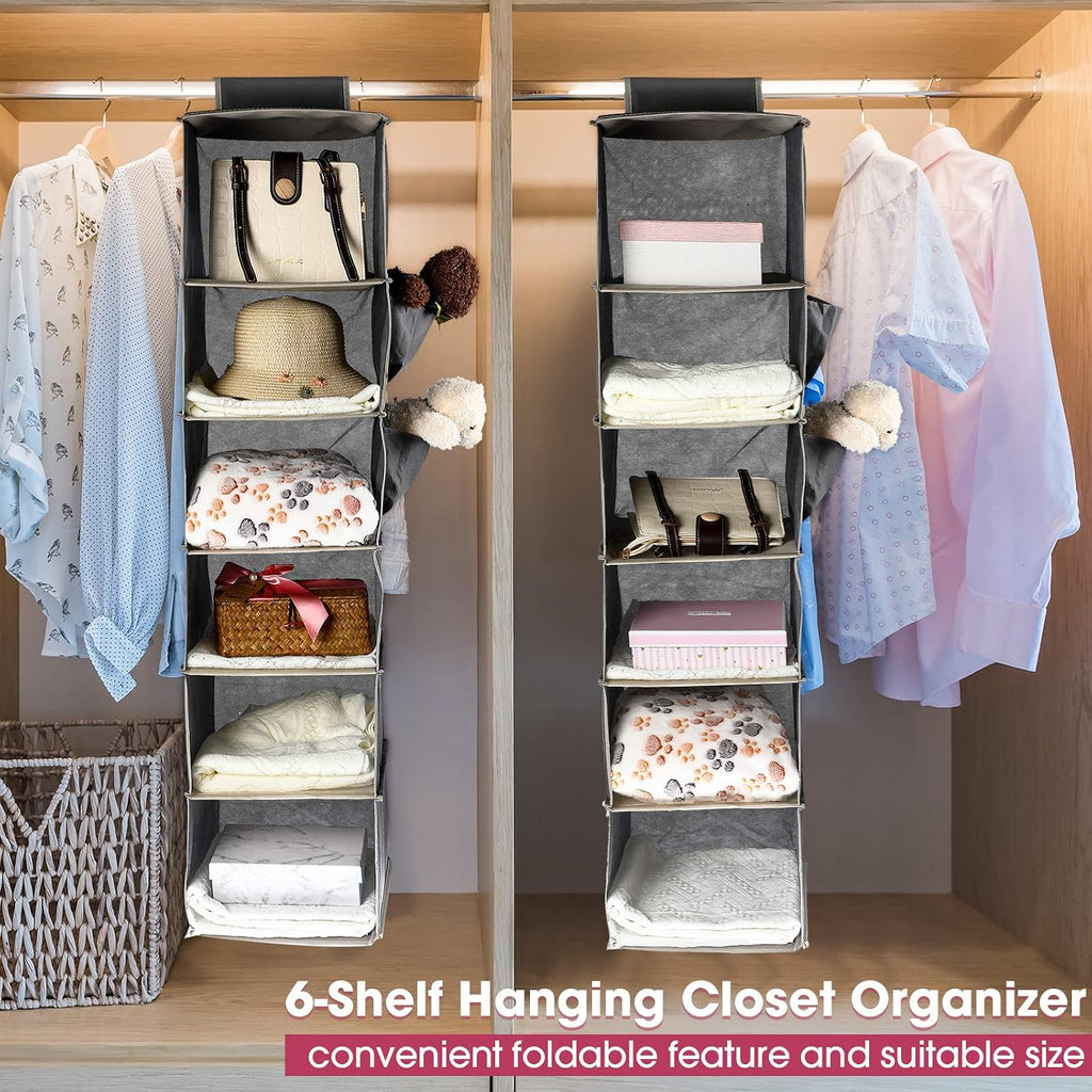 3 Pack Hanging Closet Organizers and Storage, 6 Shelf Hanging Clothing Shelves Collapsible Clothes Closet Organizer Storage Fabric Shelves with Side Pockets