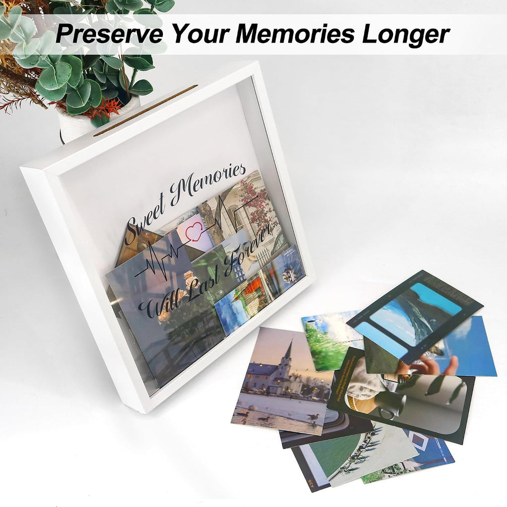 FramePro 12"x12" Travel Shadow Box with Slot – Adventure Archive Memory Box for Tickets, Souvenirs & Photos | Wall-Mountable Keepsake Display Case with Real Glass & Wood Frame (White)