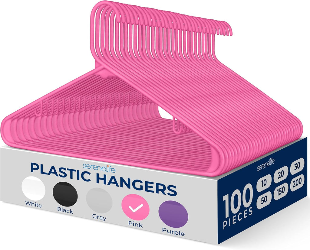 SereneLife 100 Pack Plastic Clothes Hangers | Keeps Shirts, Coats & Dresses Neatly Organized | Non-Slip Recycled ABS, Heavy Duty Design, Slim 0.24-Inch Profile, 5.5 Lbs Capacity | Pink