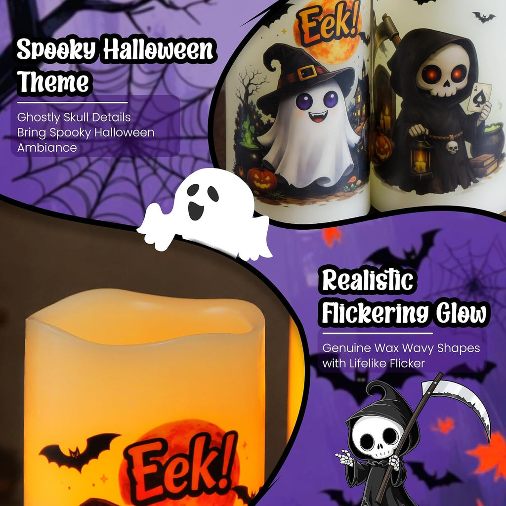 Pack of 2 Real Wax LED Ivory Flickering Flameless Candles with Remote, 2/4/6/8H Timer Long Lasting Battery Operated 3" x6"Pillar Electric Warm Glow Ghostly Skull for Halloween Home Decor