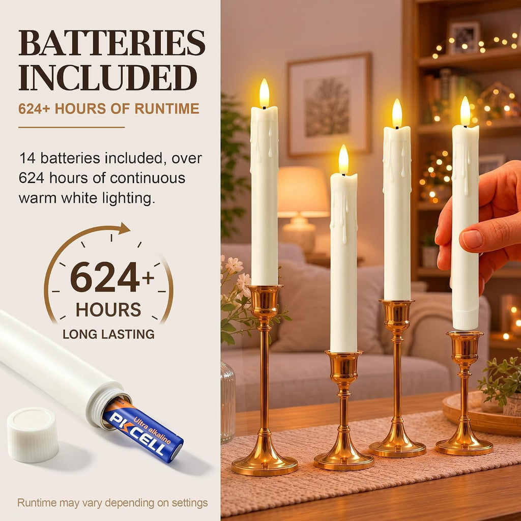 Enhon 6 Pack Flameless Taper Candles with Remote & Batteries, 7.7" Ivory LED Candle Sticks, 3D Wick & Wax Drip Design, 624+ Hour Battery Operated Candles for Home, Wedding & Christmas Decor