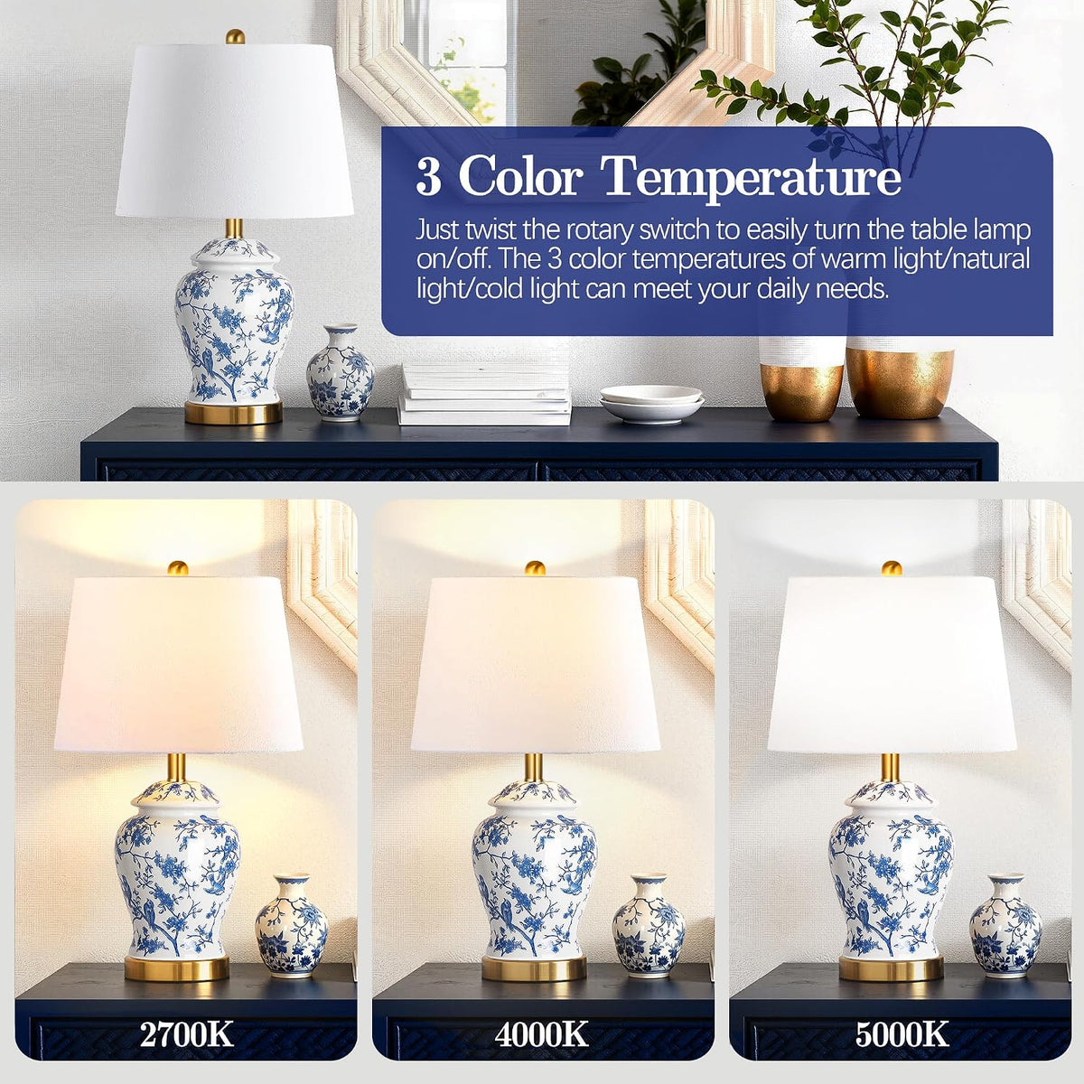 QiMH Chinoiserie Ceramic Table Lamps Set of 2 for Living Room, Vintage Traditional Bedside Lamps for Night Stands, 22" Large Blue and White Table Lamp for Bedroom Cottage, Gold(LED Bulbs Included)
