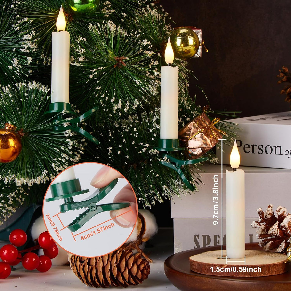 IMAGE Clip On Candles for Christmas Tree, 3.8 Inch Battery Operated Flameless Taper Candles with Remote Control Timer, Warm White LED Tree Candles with 3D Flickering Wick