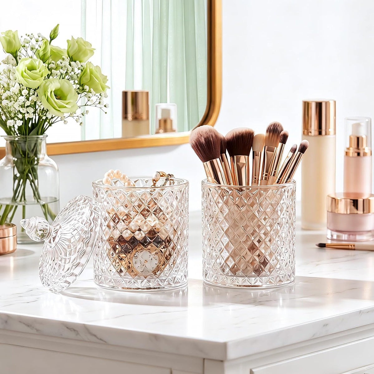 4 Pack Crystal Glass Apothecary Jars with Lids, Qtip Holder Set