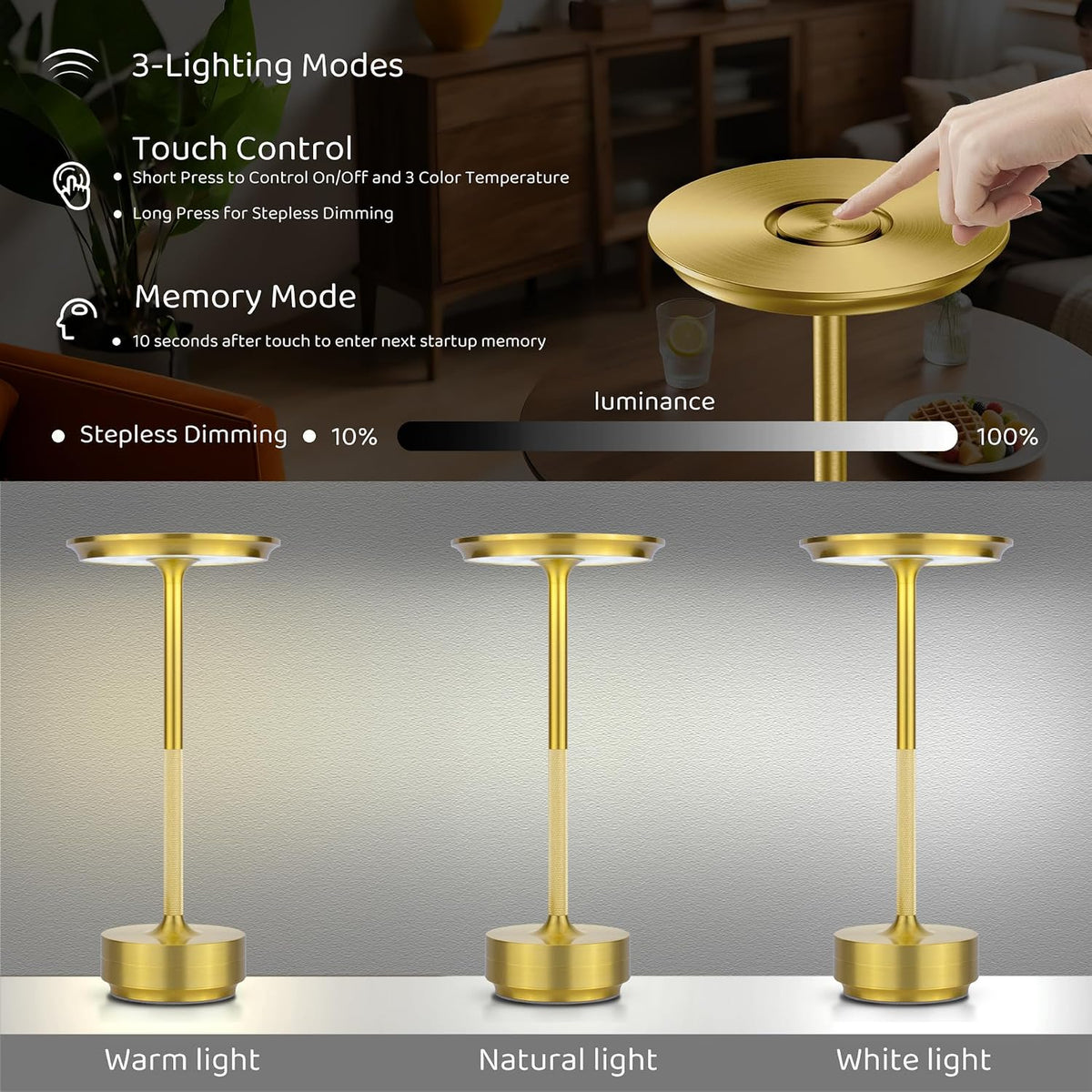 UdoUto 2-Pack Cordless Table Lamps Rechargeable, Gold