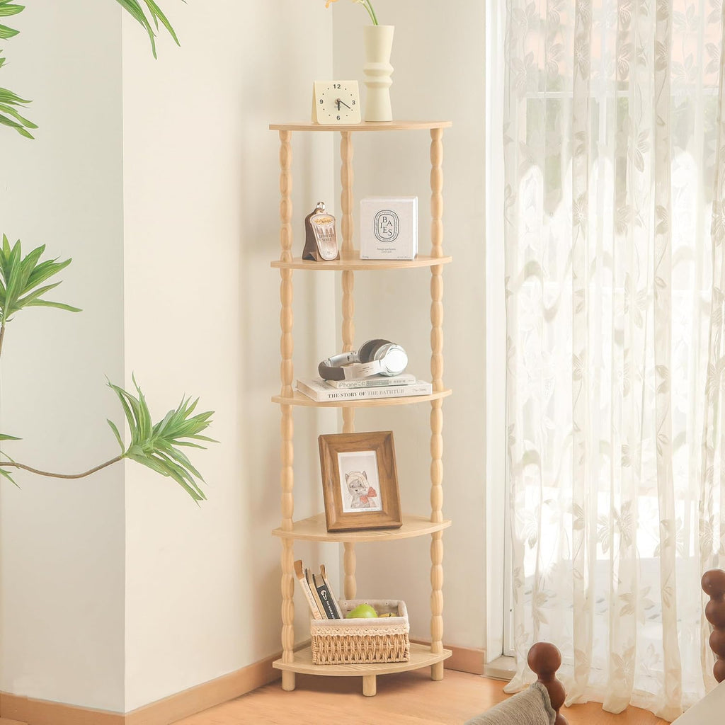 MaxSmeo Corner Shelf, 5-Tier Corner Bookshelf for Small Spaces, Stylish Corner Storage Display Shelves for Bedroom, Bathroom, Kitchen, Living Room (Natural)