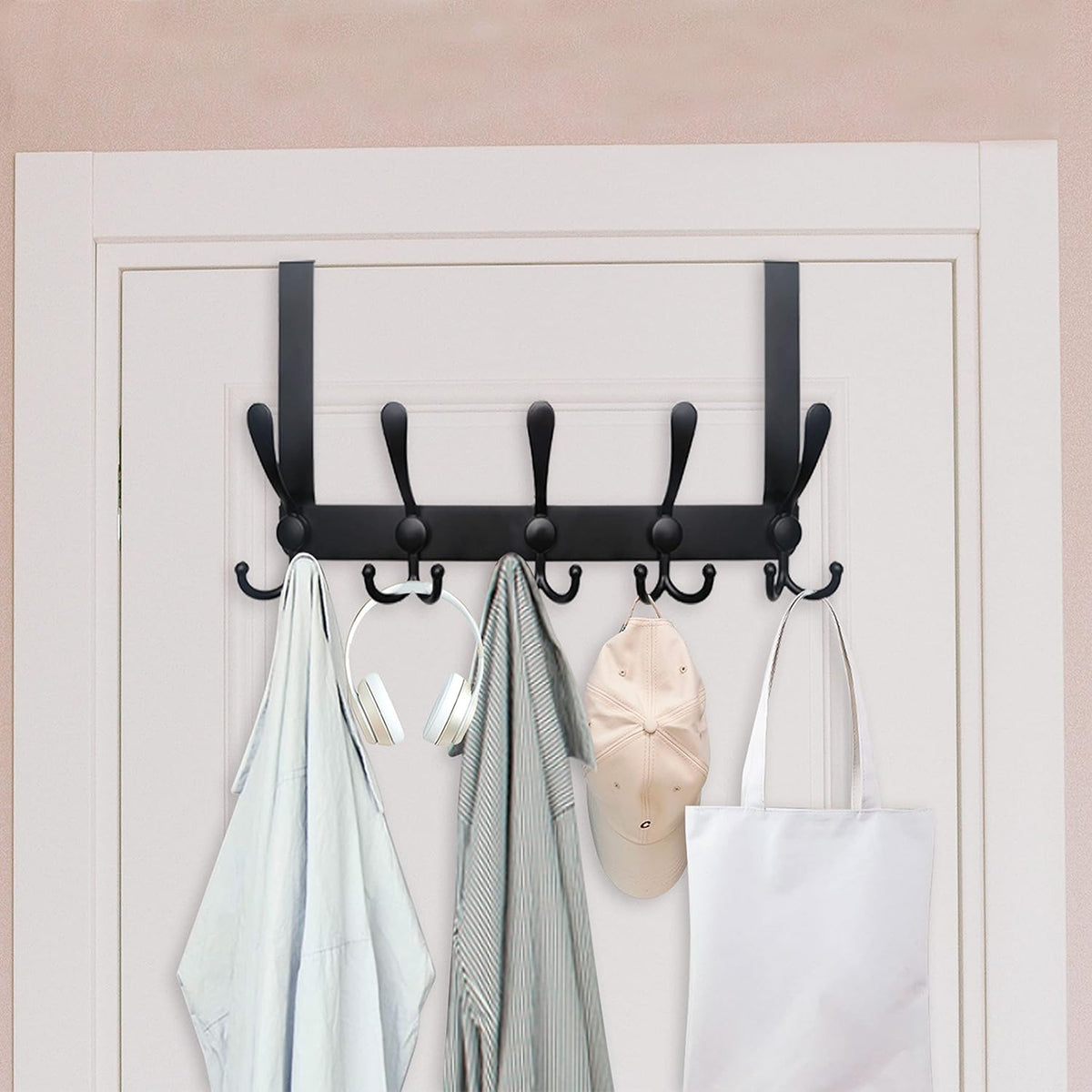 WEBI Over The Door Hook,Door Hanger Hook Rack with 5 Tri Hooks for Hanging Coats,Over Door Towel Rack Door Coat Towel Hanger Door Coat Rack for Bathroom,Behind Back of Door,Black