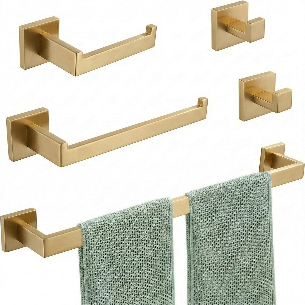 5-Piece Bathroom Hardware Set, 23.6 in Towel Bar, Brushed Gold