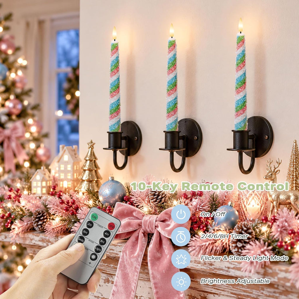 Candy Cane Flameless Taper Candles with Remote, Pastel Christmas Decoration