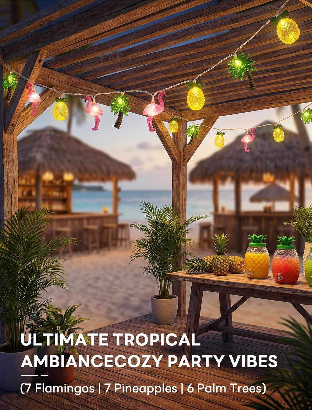 12FT Summer Tropical Hawaiian String Lights, 20 LED Plug in Flamingo Pineapple Palm Tree Lights for Luau Party, Pool, Tiki Bar, Beach Theme Indoor Outdoor Summer Decorations