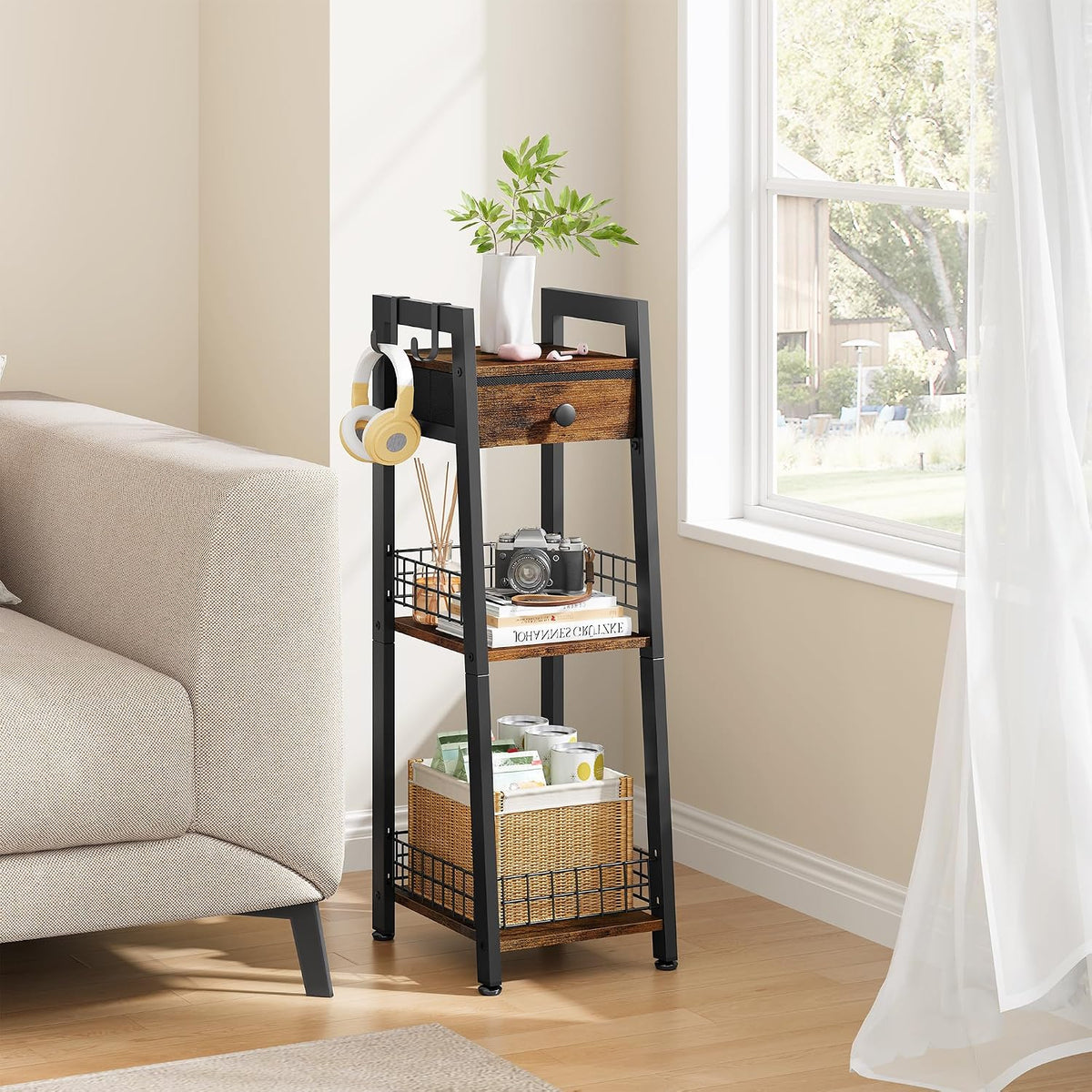 Gewudraw Narrow Bathroom Ladder Shelf with Drawer, 3-Tier, Rustic Brown
