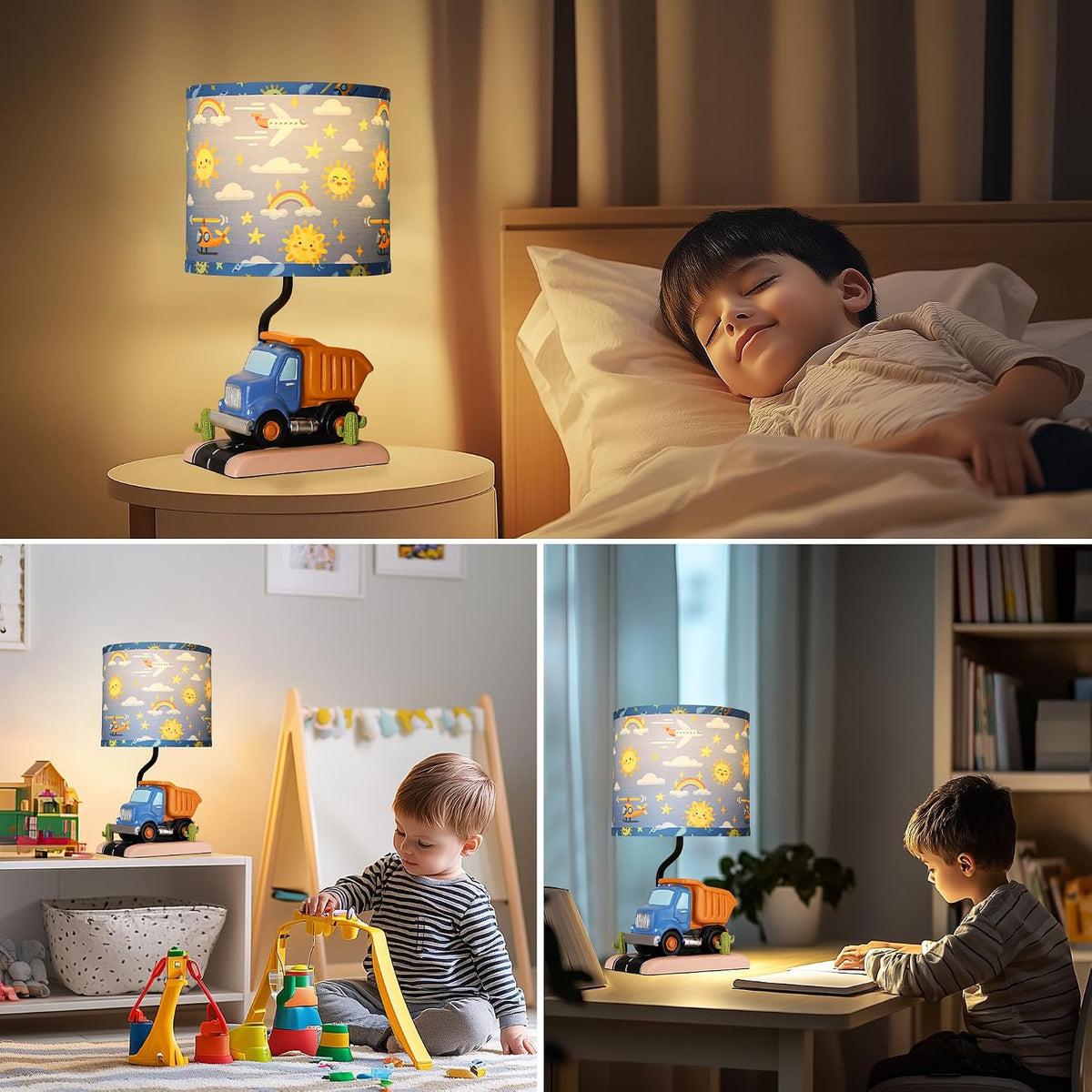 Hamucd Car Bedside Table Lamp for Kid, Truck Nursery Lamp for Boy Girl Bedroom Nightstand Study Room,Cute Desk Lamp with Blue Lampshade for Toddler Playing Room Classroom Decor,1 LED Bulb Included