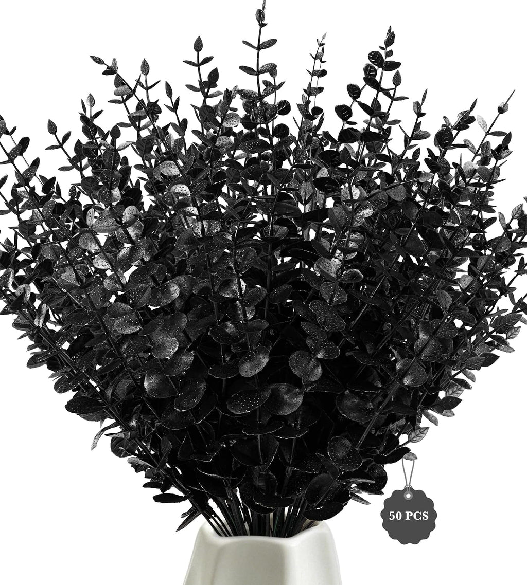 50 Pcs Black Artificial Eucalyptus Stems,Faux Eucalyptus Leaves Branches