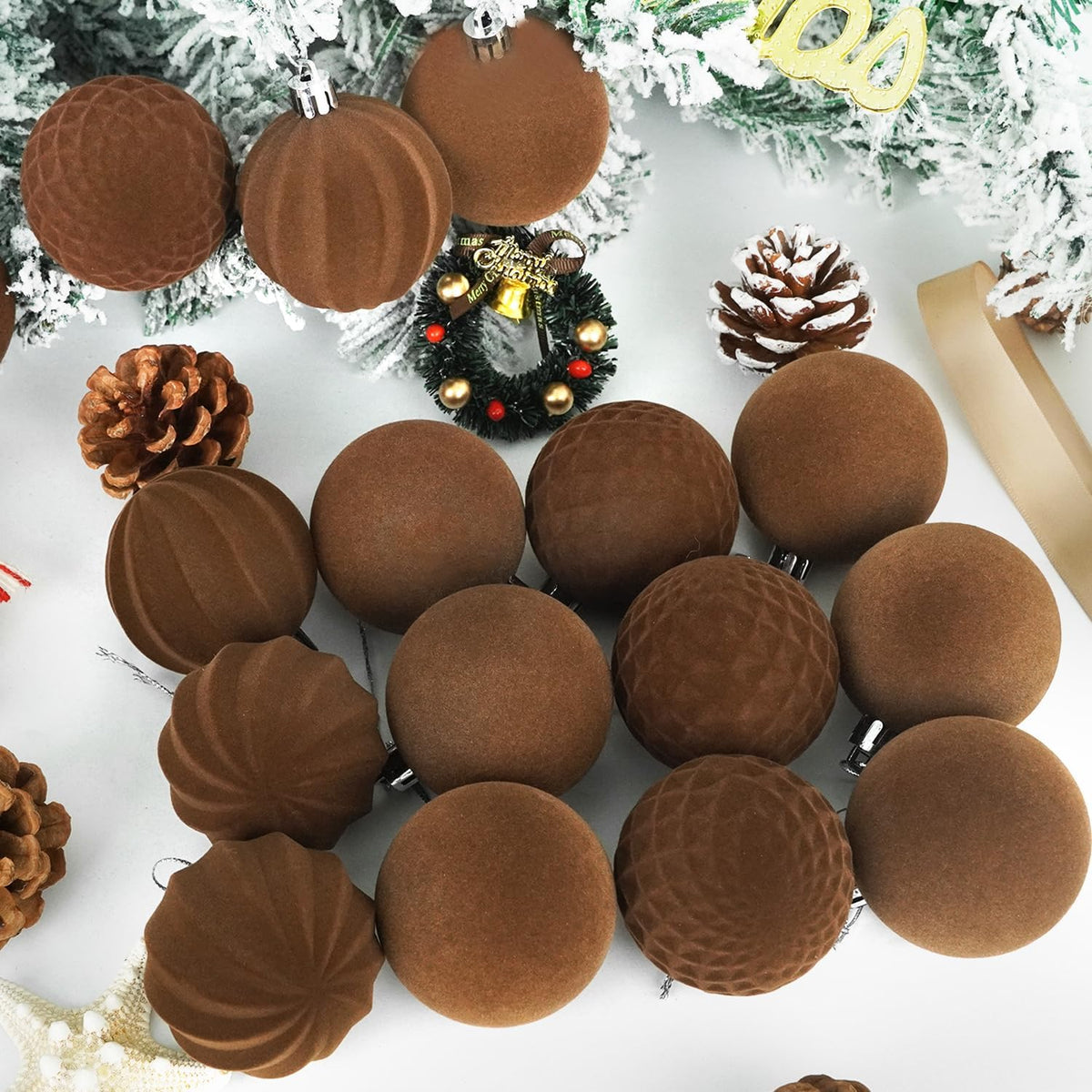 Artmag 16 Pcs Velvet Christmas Balls Hanging Ornaments Set, Shatterproof Plastic Flocked Christmas Tree Balls Xmas Decorations Festival Holiday Party Decor (Brown,2.36 Inch)