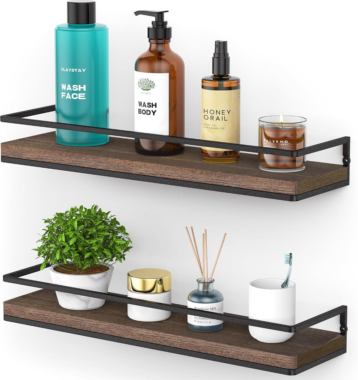Meangood Walnut Floating Shelves for Wall, 17 inch Bathroom Shelf, Set of 2