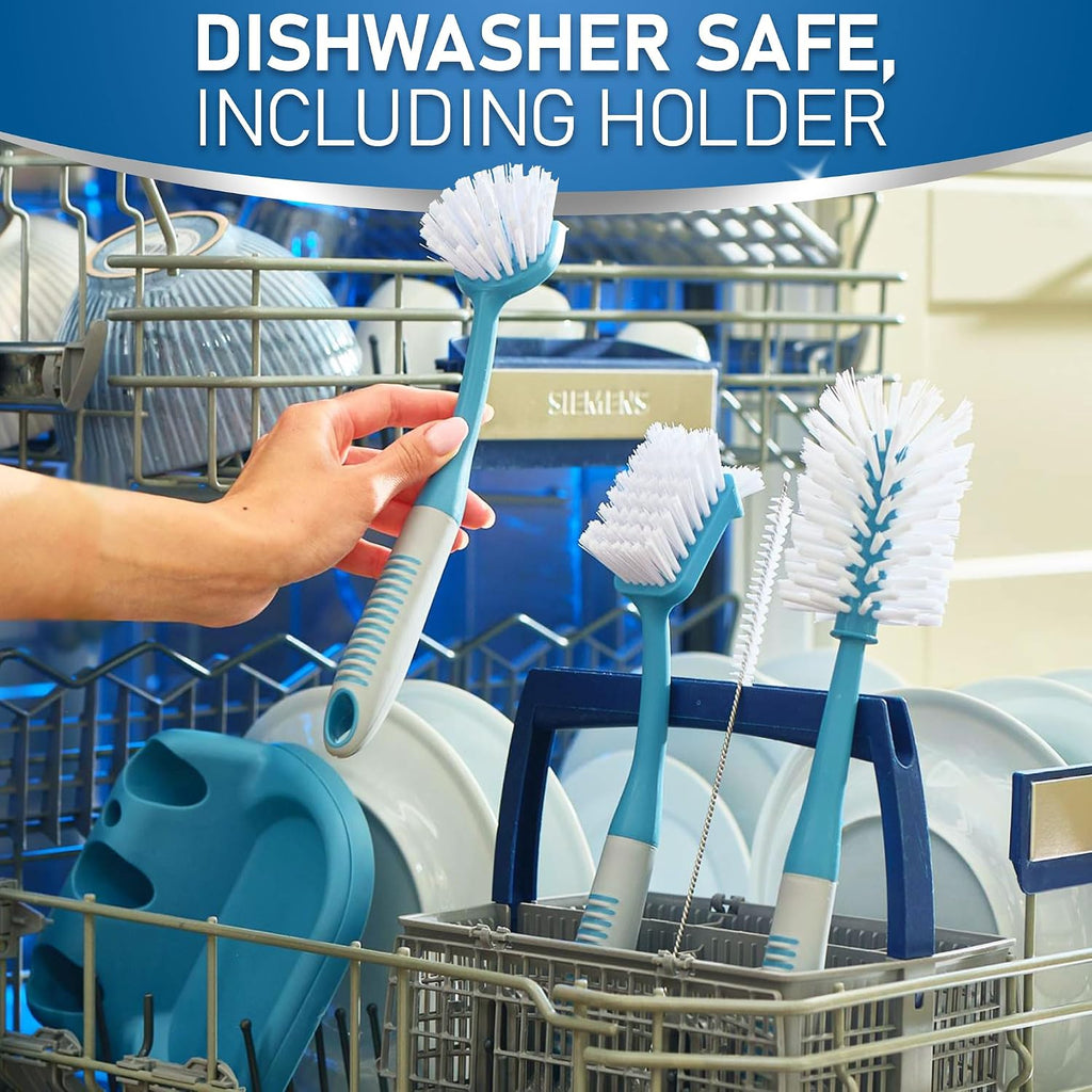 Dish Brush Set of 5 with Convenient Holder, Bottle Water Brush, Dish Scrub Brush, Scrubber Brush and Straw Brush - Kitchen Scrub Brushes Non Slip Long Handle for Sink Dishes Cup Pot