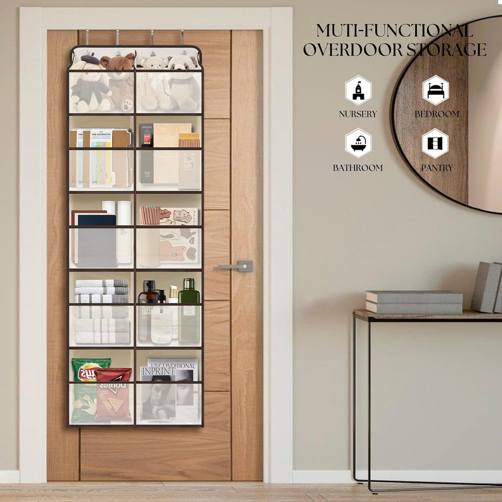 White Over Door Organizer with 10 Large Front Pockets and 6 Side Mesh Pockets, Double-Row Hanging Door Storage for Closet, Bathroom, Nursery, Bedroom, Dorm, Toys, Toiletries, Baby Essentials