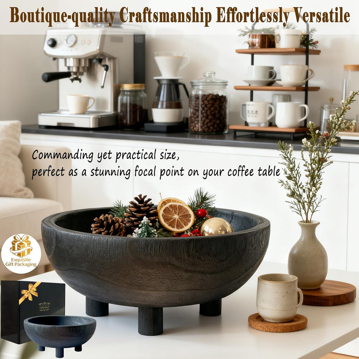 Premium 11" Large Charred Black Wooden Bowl Coffee Table Decor,Dining Decor Centerpiece-Fruit,Snack,Serving Bowl for Kitchen Counter,Farmhouse&Home Decor,Wedding Display-Housewarming Gift