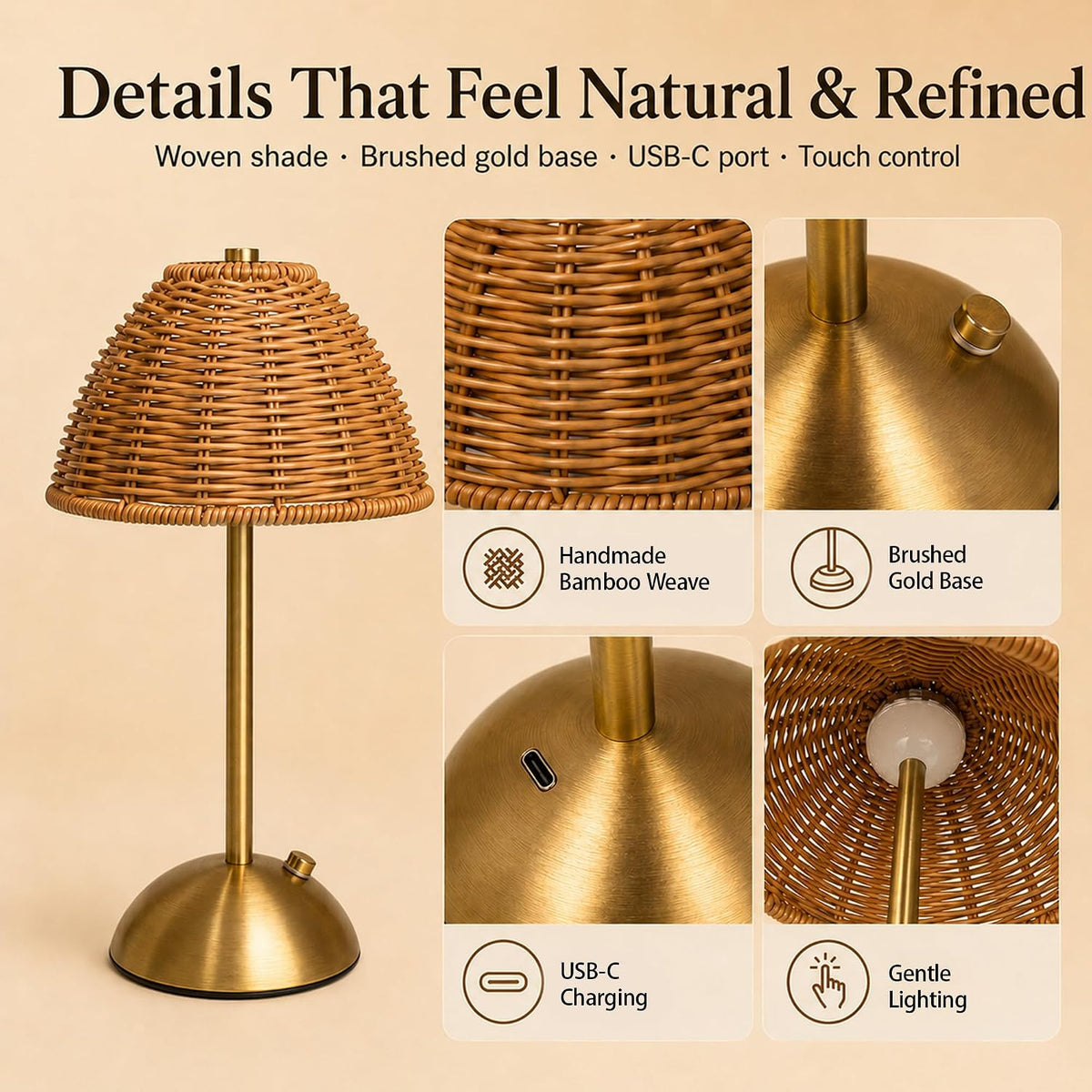 2 Pack Boho Rattan Table Lamp, Cordless Rechargeable Reading Night Light