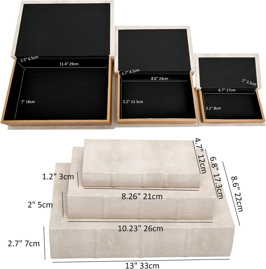 Modern Faux Shagreen Leather Decorative Book Boxes Set of 3(13",10",8")