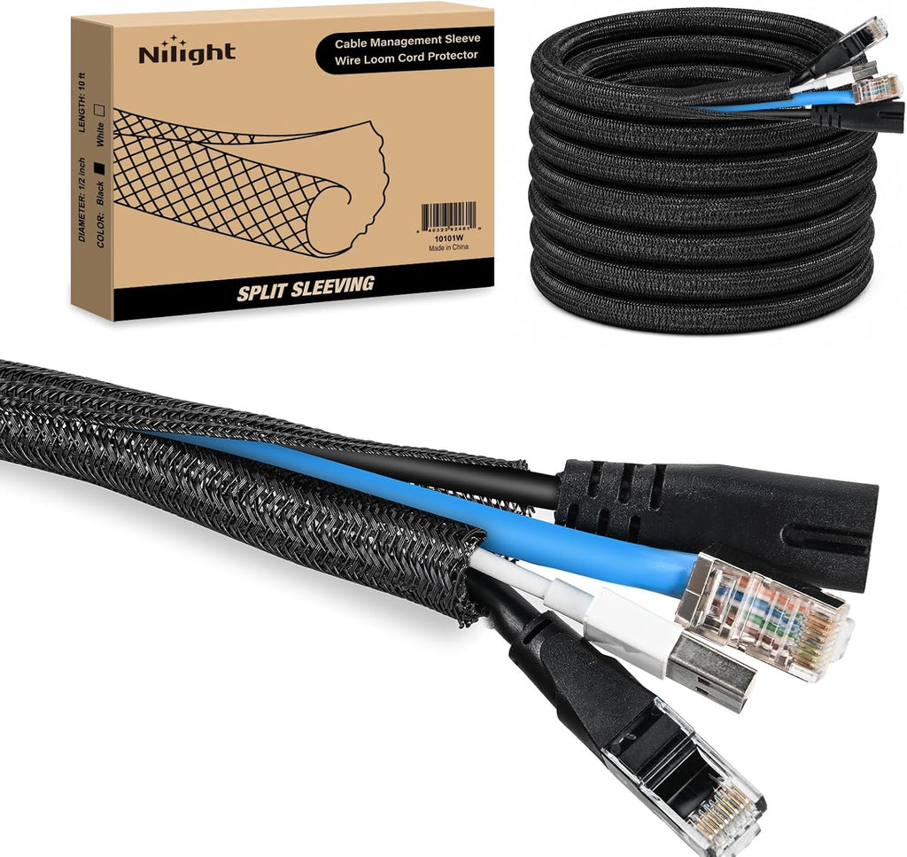 Nilight Cable Sleeve, 10ft-1/2inch Cord Management Sleeves Black Wire Loom
