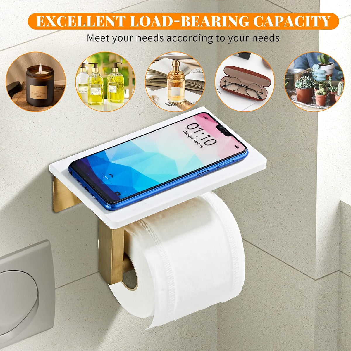 Brushed Gold Toilet Paper Holder with Marble-Look Shelf, Wall Mounted SUS304 Stainless Steel Toilet Roll Holder with Phone Storage