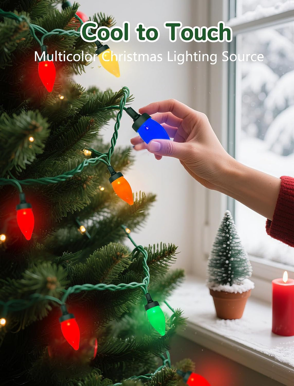 SUNSGNE C7 LED Christmas Colorful String Lights - 26FT Colored Christmas Tree Lights with 50 Multicolor LED Bulbs for Holiday Party Roofline Backyard Garden Patio - Green Wire