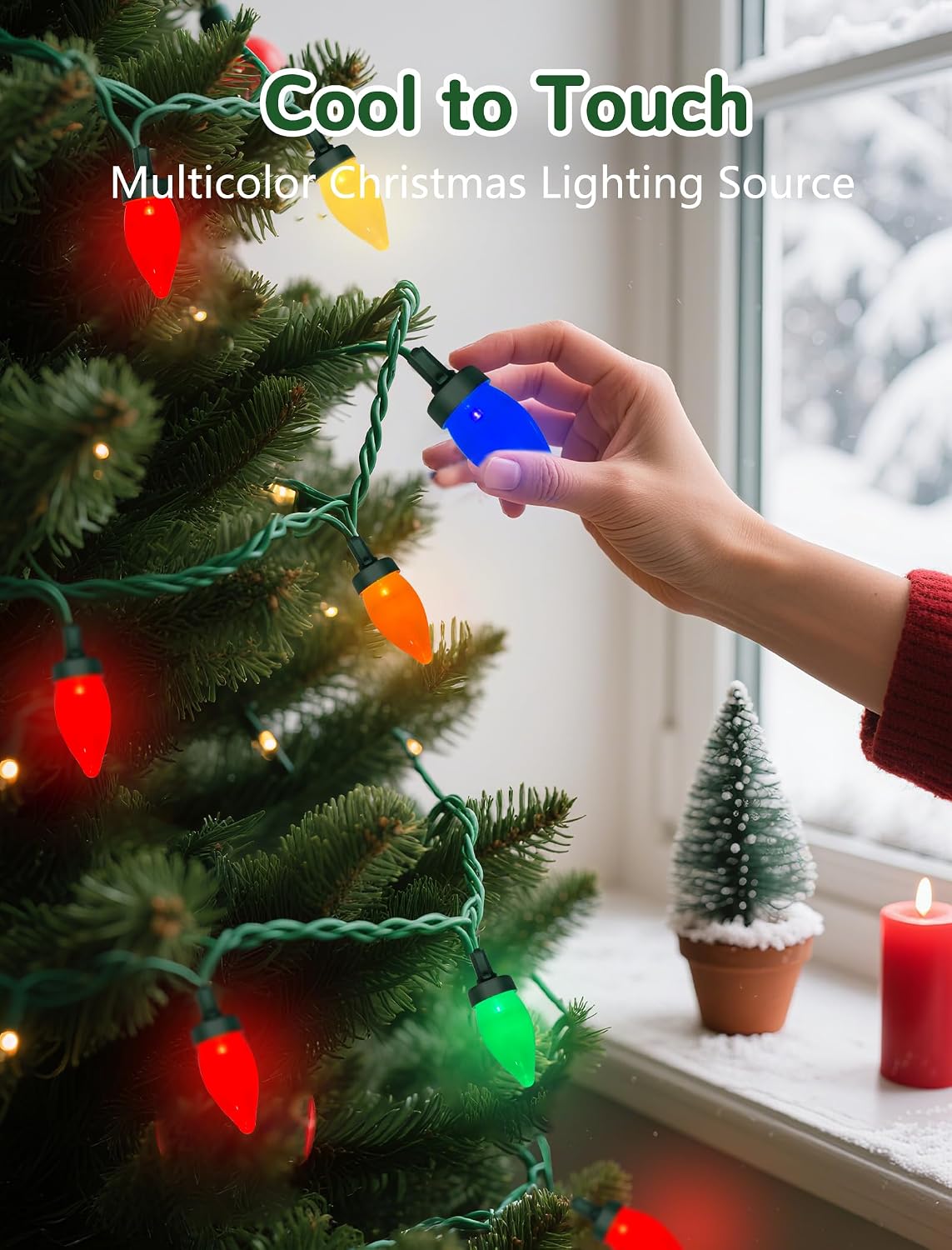 SUNSGNE C7 LED Christmas Colorful String Lights - 26FT Colored Christmas Tree Lights with 50 Multicolor LED Bulbs for Holiday Party Roofline Backyard Garden Patio - Green Wire
