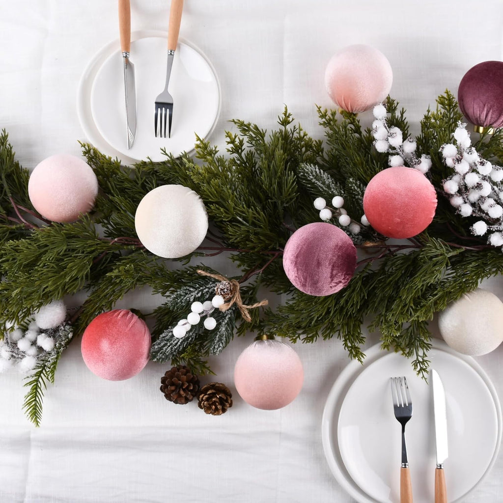 Velvet Christmas Ornaments Balls for Tree - 15pcs Pink Christmas Ornaments Shatterproof for Xmas Decorations - Multicolor Pink & Beige 80mm 3.15inch
