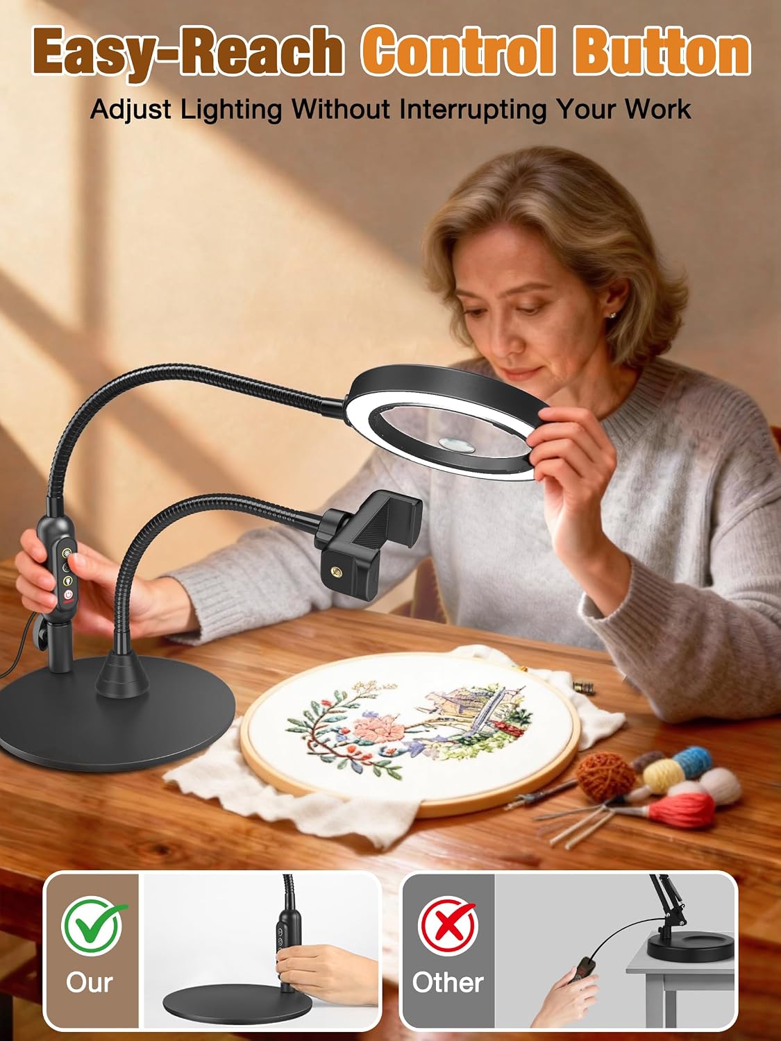 30X 10X Magnifying Glass with Light and Phone Holder, 5 Color Modes Stepless Dimmable, Optical Grade HD Lens, LED Lighted Magnifier Hands Free with Flexible Gooseneck for Close Work, Craft, Hobby