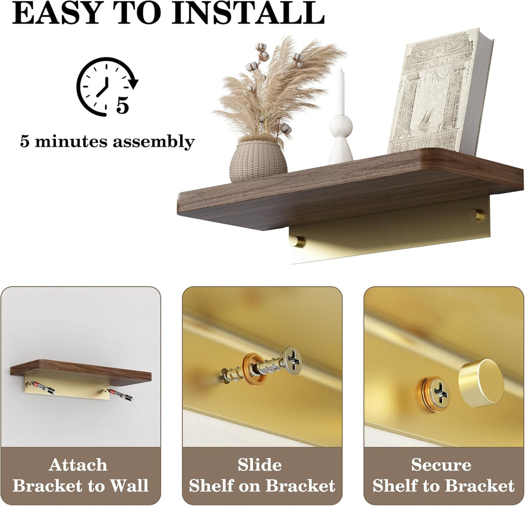 Danpoo 8 Inch Solid Wood Wall Shelf for Storage, Wall Mounted Rustic Walnut Wood Shelves for Bathroom, Living Room, Bedroom and Kitchen