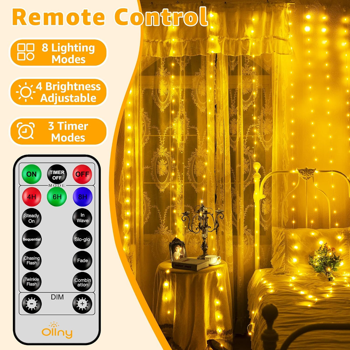 Ollny Curtain Lights 300LED 9.8ftx9.8ft, Connectable IP67 (Warm White)