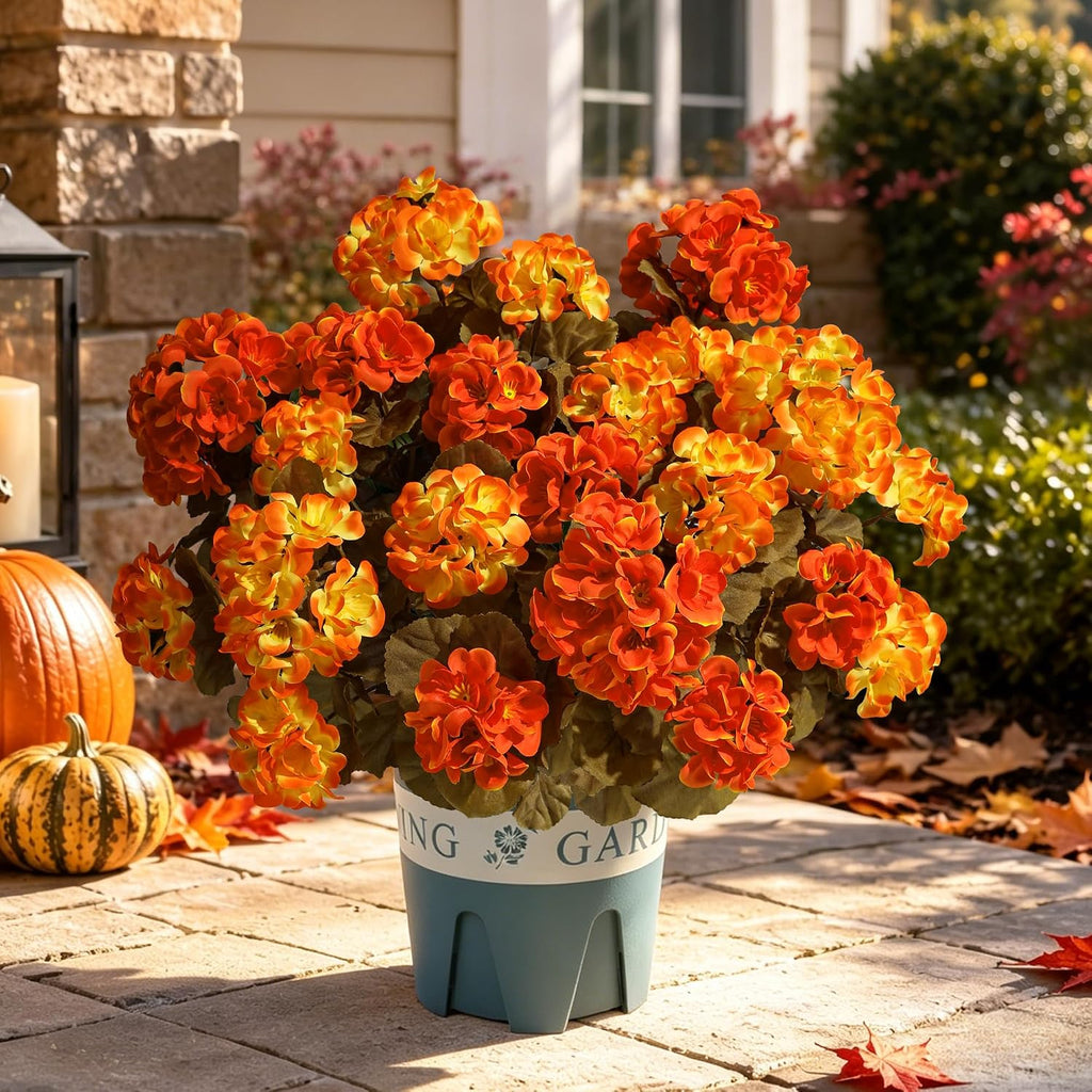 Geraniums Fall Flowers Artificial Flowers for Outdoors Autumn Decor, 2 Pack Potted Plants Faux Geraniums Bush Realistic UV Resistant Fake Flowers Greenery for Front Door Porch Patio Yard Indoor, Mix