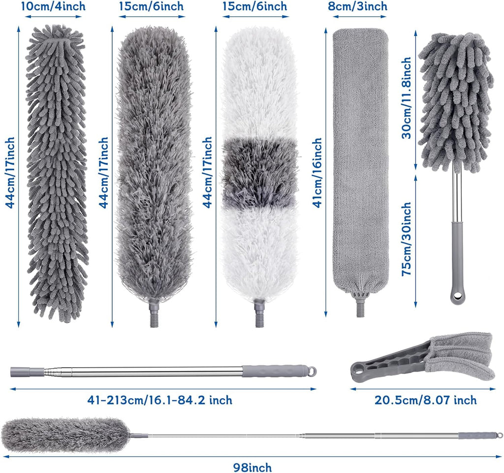 9PCS Dusters for Cleaning,Extendable Microfiber Duster with Extension Pole Up to 100'',Bendable Washable and Reusable Dusters Kit for Ceiling Fans, High Ceilings,Blinds,Furniture and Cars