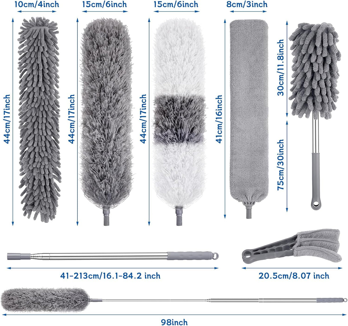 9PCS Dusters for Cleaning,Extendable Microfiber Duster with Extension Pole Up to 100'',Bendable Washable and Reusable Dusters Kit for Ceiling Fans, High Ceilings,Blinds,Furniture and Cars