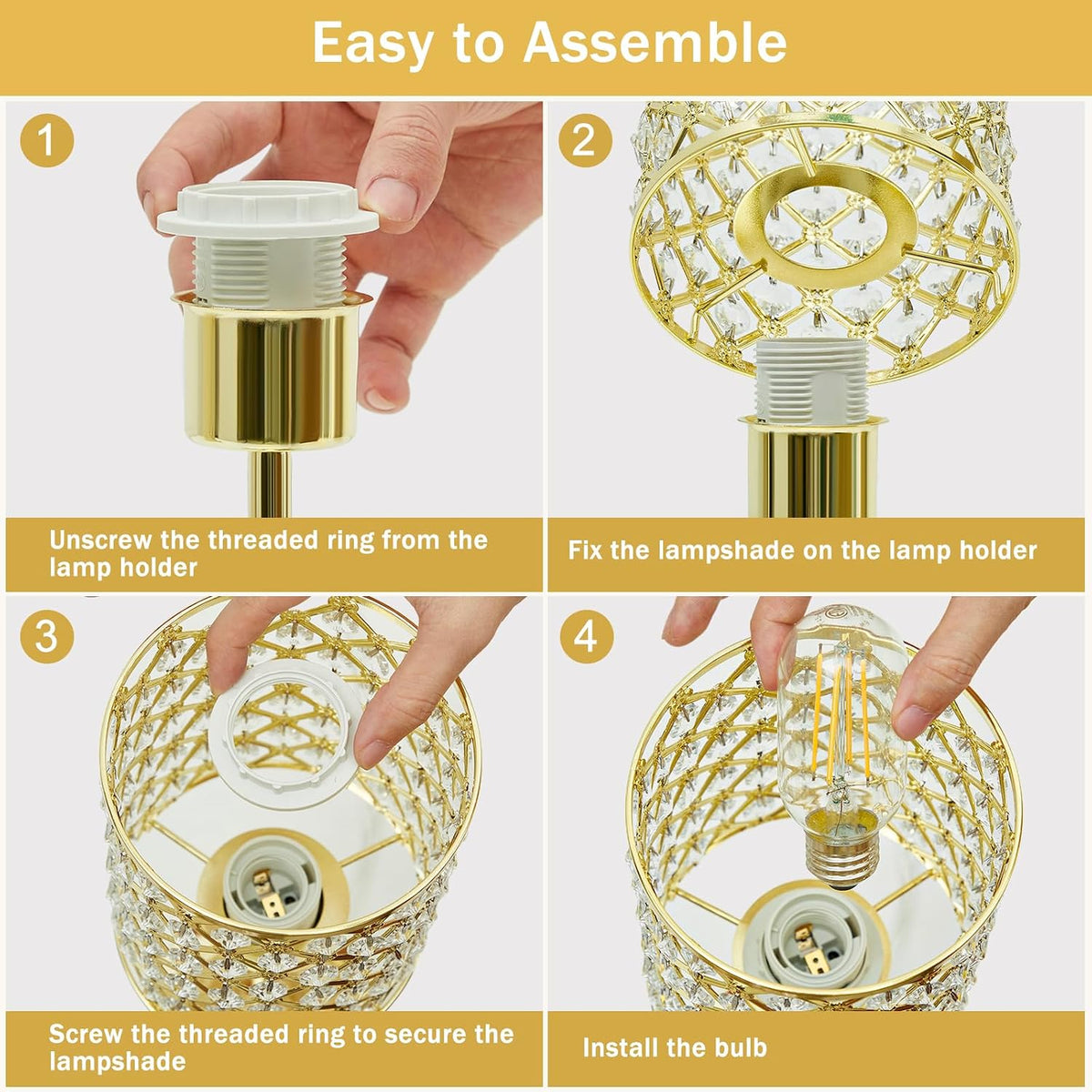 GyroVu Gold Crystal Bedside Table Lamps Set of 2 with USB C+A Ports