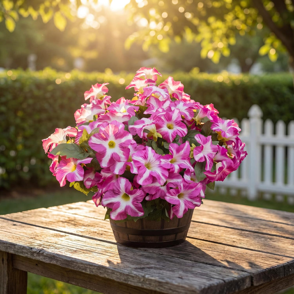 Artificial Fake Flowers Plants for Outdoor Decoration, 4PCS Faux Petunias Silk Flower UV Resistant No Fade for Home Outside Garden Balcony Yard Porch Realistic Indoor Decor (PurplePink)