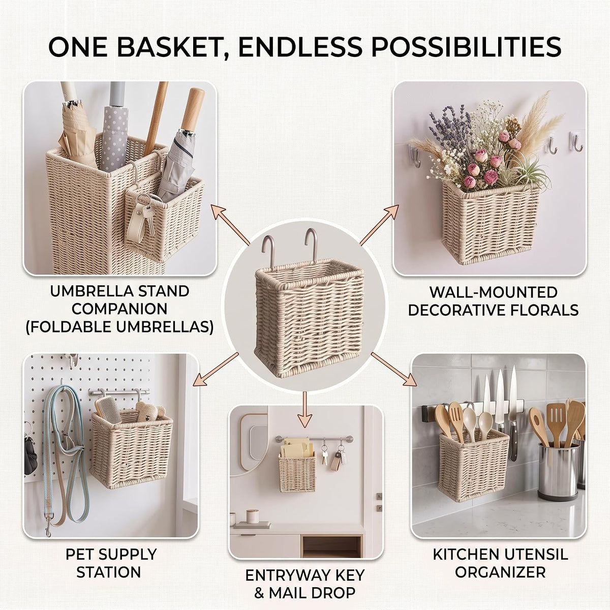 Wicker Umbrella Stand for Entryway, Decorative Rattan Holder