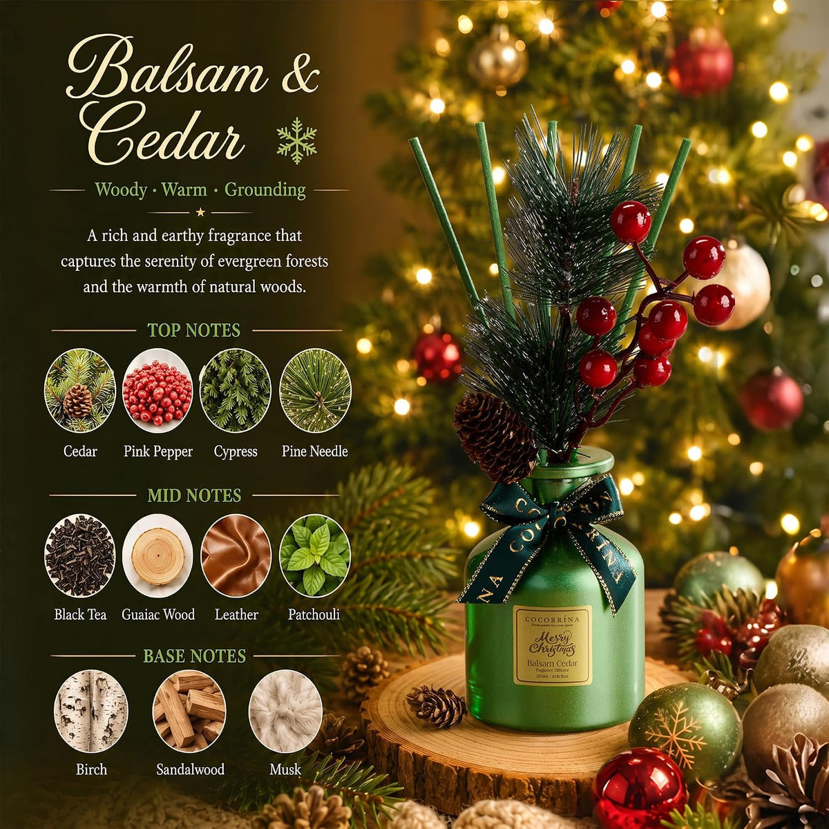 COCORRÍNA Christmas Reed Diffuser Set, Balsam & Cedar, 4.06 fl oz