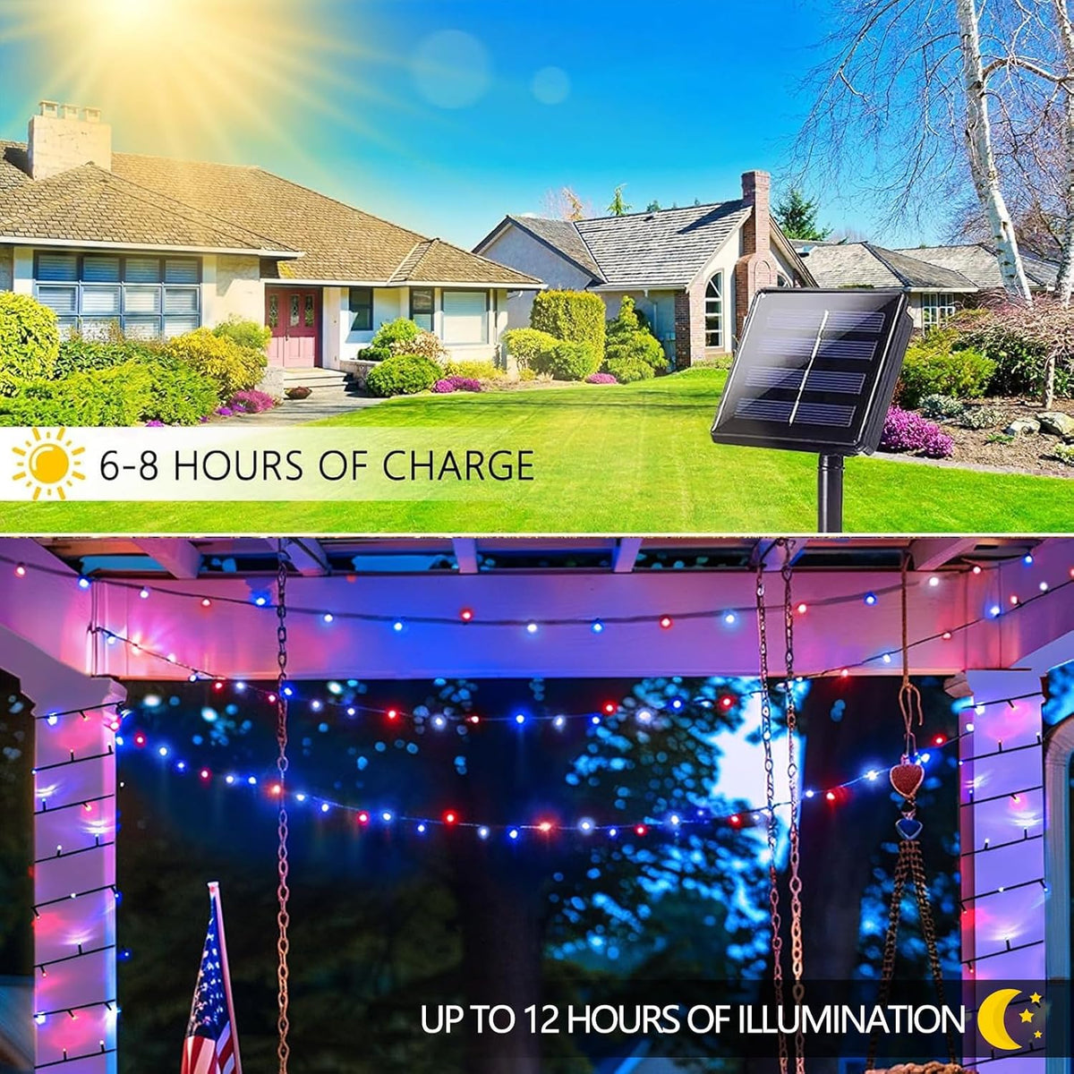 Solar String Lights Outdoor 2 Pack 480 LED Christmas Lights Red White Blue