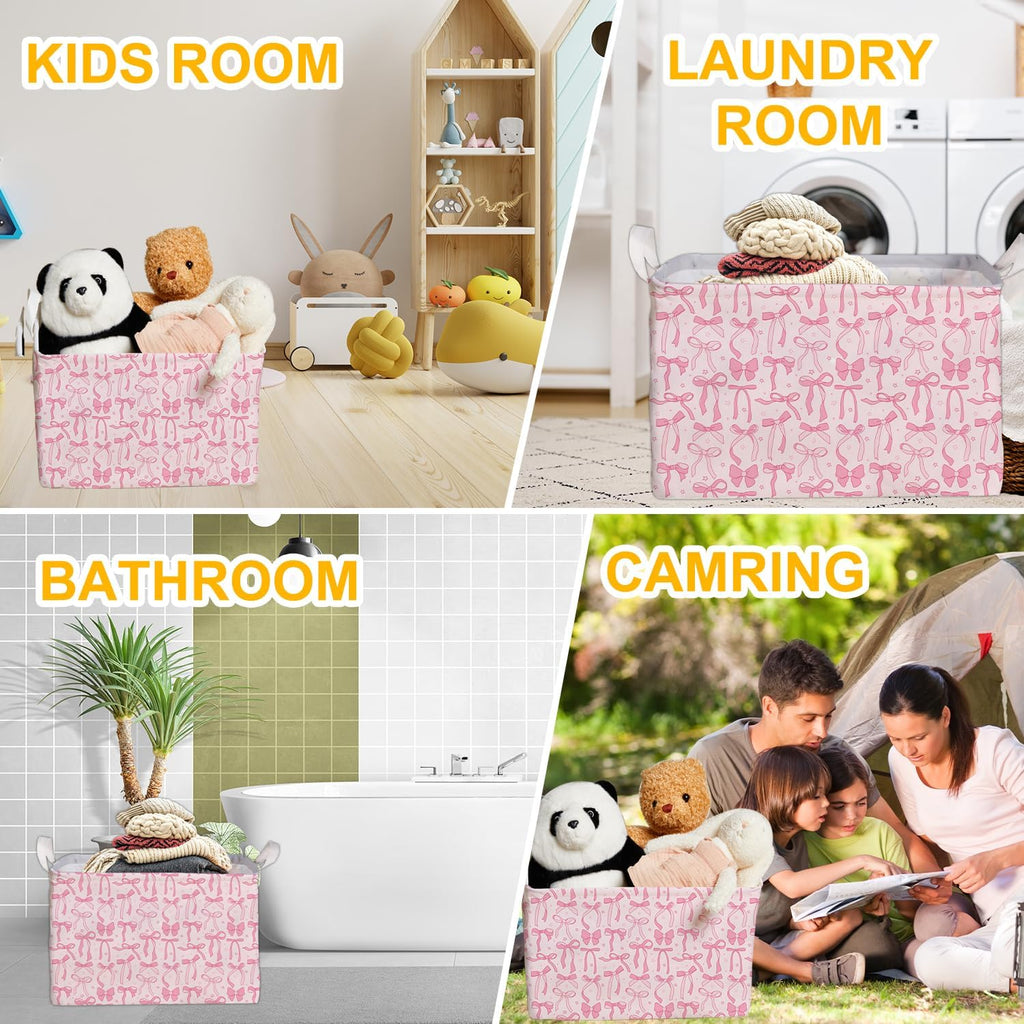 Pink Bow Foldable Storage Bins, Waterproof Toy and Clothes Organizer for Nursery Room, Pink Cute Decorative Fabric Basket for Girls Bedroom, Foldable Gift Box for Game Room, Bow Party Decor