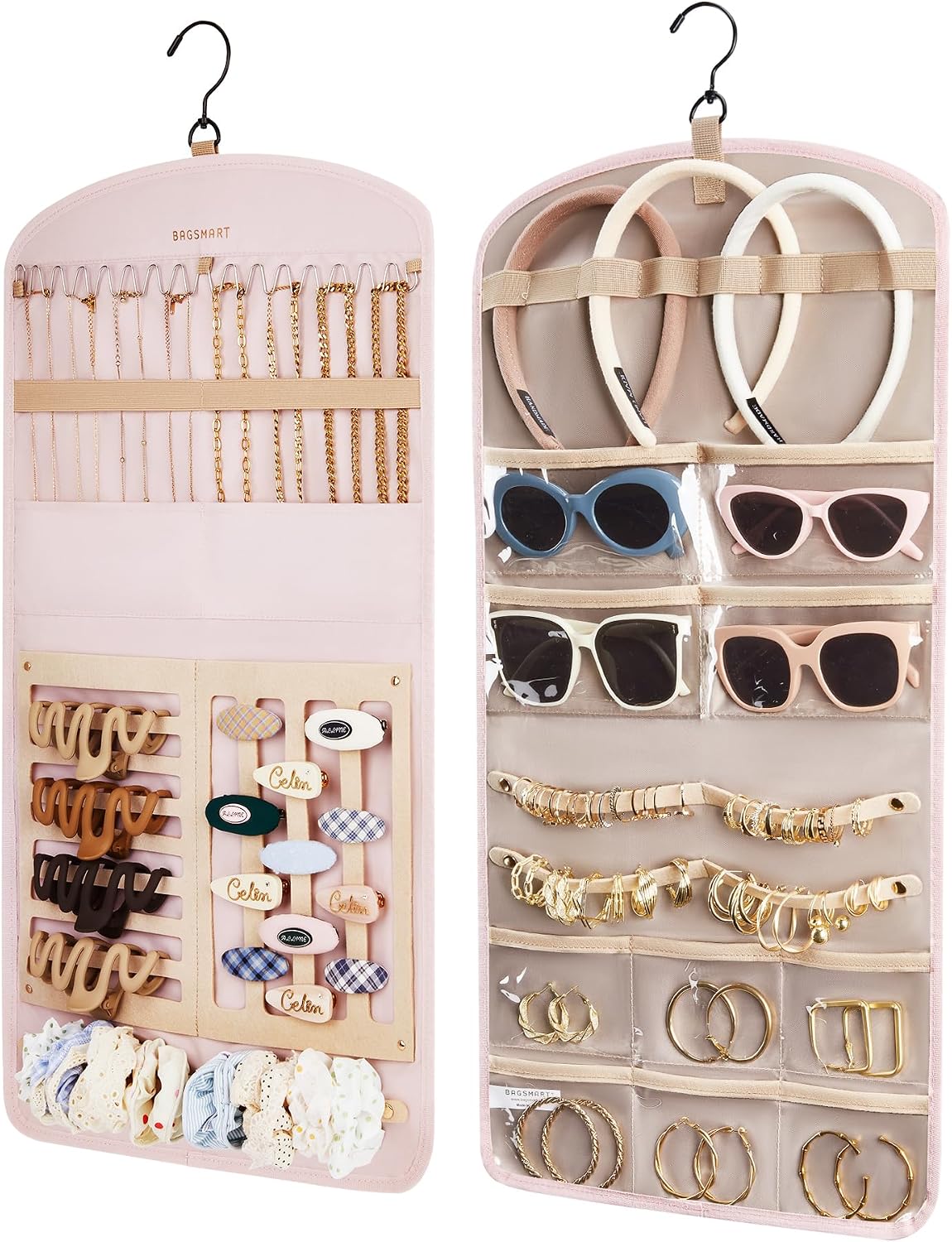 BAGSMART Hanging Jewelry Organizer Claw Clip Necklace Holder Roll for Hair Ties, Headbands, Clips, Earrings, Necklaces, Glasses Double-Sided on Closet, Wall, Door, 1 piece, Large-Baby Pink