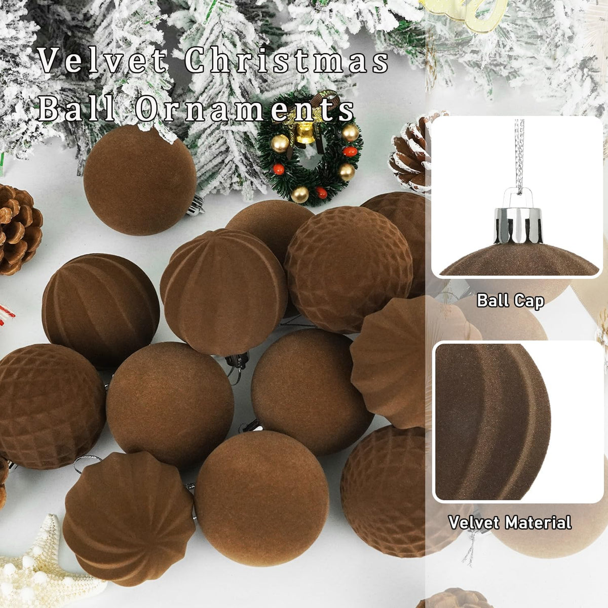 Artmag 16 Pcs Velvet Christmas Balls Hanging Ornaments Set, Shatterproof Plastic Flocked Christmas Tree Balls Xmas Decorations Festival Holiday Party Decor (Brown,2.36 Inch)