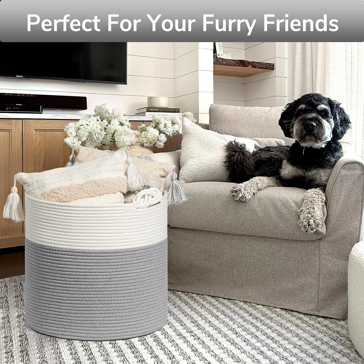 Goodpick Woven Rope Blanket Basket Living Room, 40L, Grey